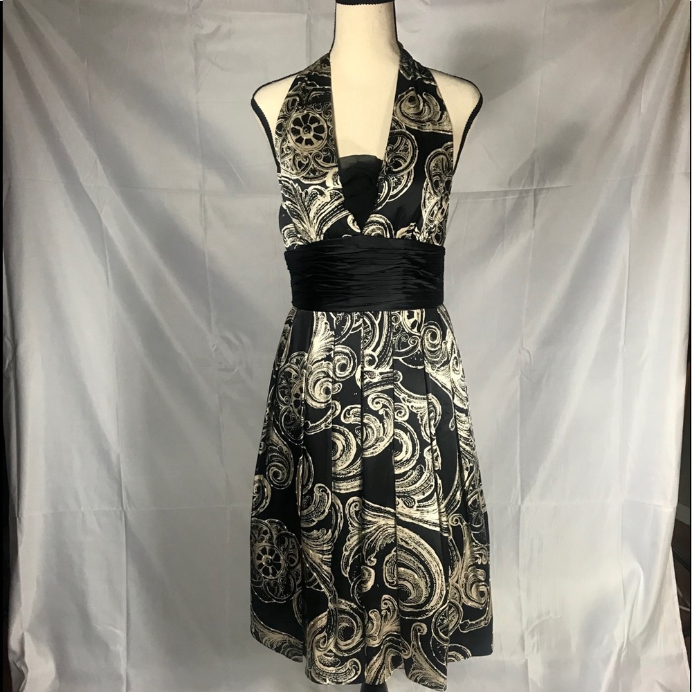 Black & White Silk Paisley Halter Formal Dress